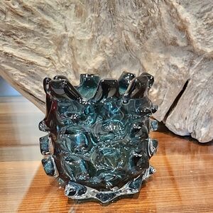 Art Glass Lazy Susan Brutalist Thorn Handmade Vase in Teal